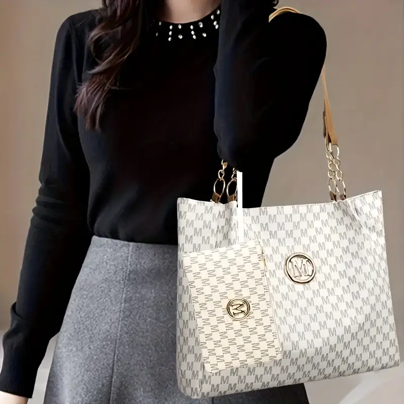 2pcs womens vintage shoulder bag set large capacity tote bag with fixed shoulder strap synthetic zipper closure polyester lining lightweight random print design daily commuting and carrying cell phones details 7