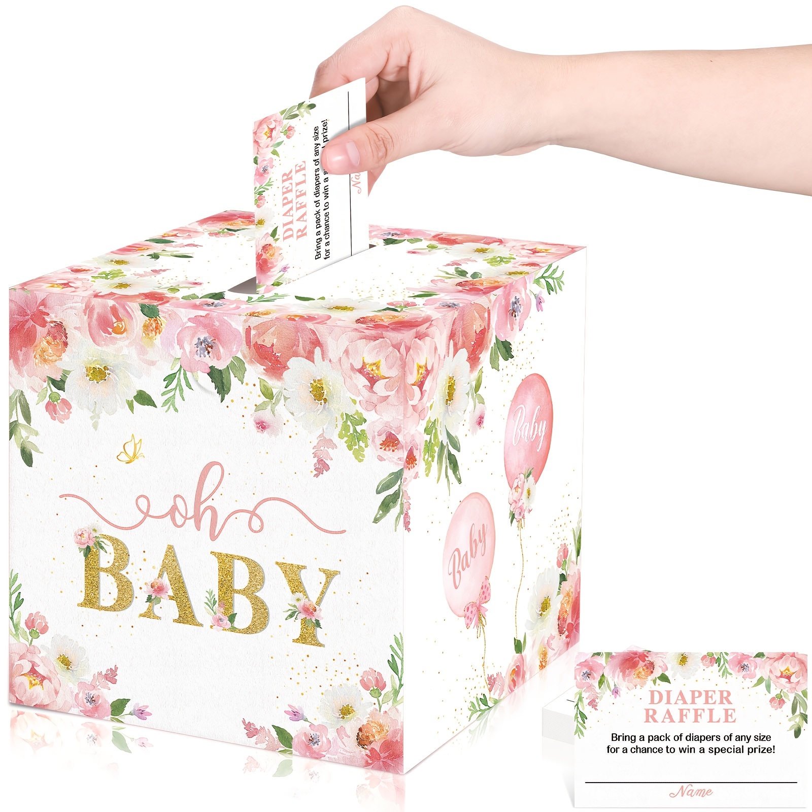 TEMU 50pcs Pink Floral Diaper Tickets With Elegant "oh " Golden Lettering - Includes Chic Shower Card Box & Game Insert Cards, Perfect For Girl's Shower Decorations Halloween&christmas