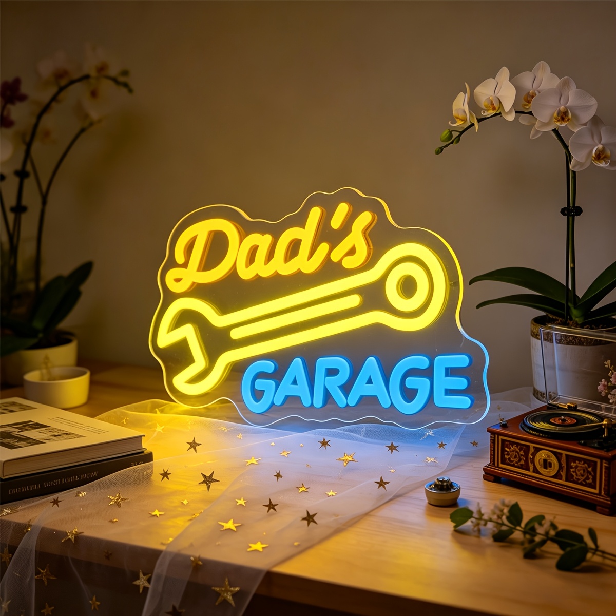   dads für garage neon led schild usb dimmbare wanddeko, gelbes und blaues schraubenschlüssel led licht, ideal für garage, werkstatt, männerhöhle, spielzimmer, schlafzimmer, wohnzimmer, vatertagsgeschenk, geburtstagsgeschenk