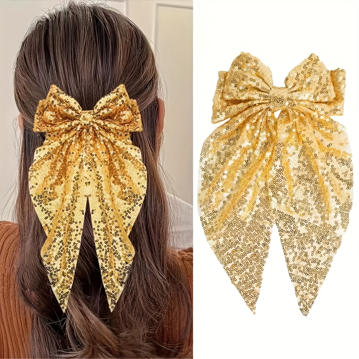 1pc Fashion Colorful Sequin Oversized Bow Spring Clip Hair Accessory Ribbon Stylish High Ponytail Hair Clip For Women Fairy Back Of Head Hairpin