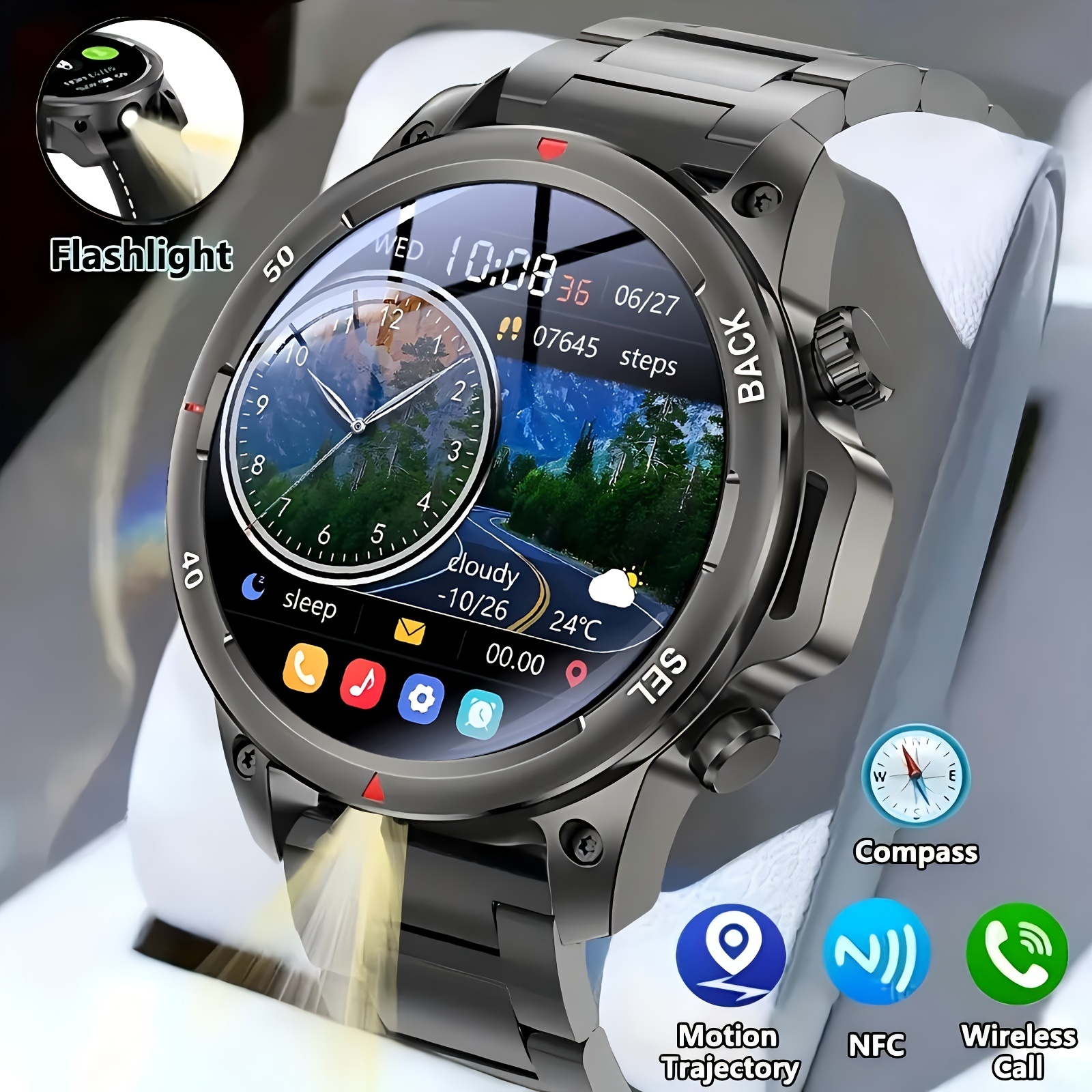 Men's Smartwatch HD LED Display, AI Voice Assistant, Wireless Calling, GPS Tracker, Compass, Fitness Tracker with Stainless Steel/Silicone Band_voghion.com