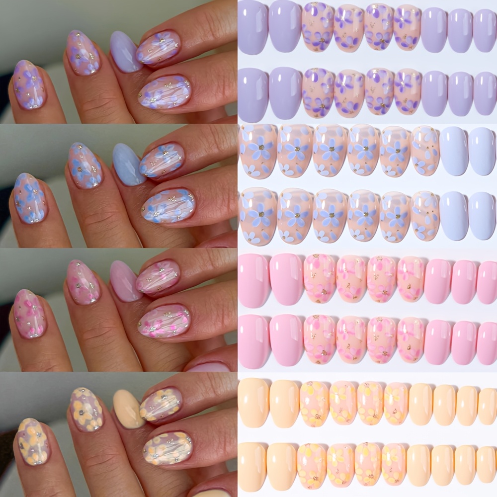 TEMU 96pcs 4-color Spring Floral Watercolor Wearable Nail Fake Finger Set, Medium Short Oval Press-on Nails, Spring/summer Style, Floral Nails,