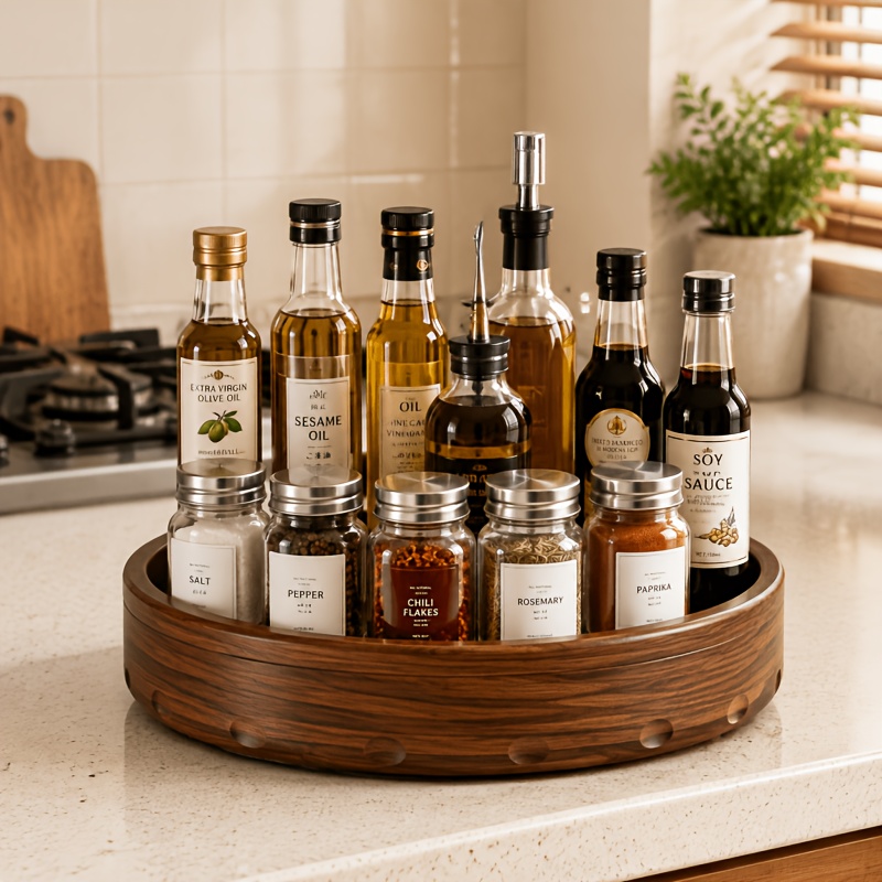 TEMU Multi Purpose 360° Rotating Organizer Tray, Durable Abs Storage Turntable With Wood Grain Finish And Non Slip Base For Kitchen Countertop,