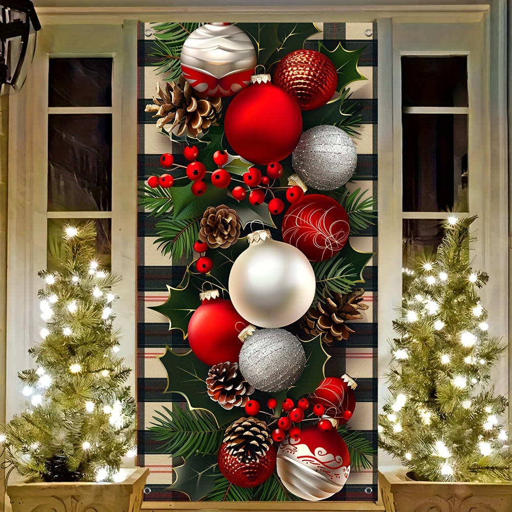 

Christmas - Polyester Hanging Backdrop , Ornaments & Pinecones - No Needed - For
