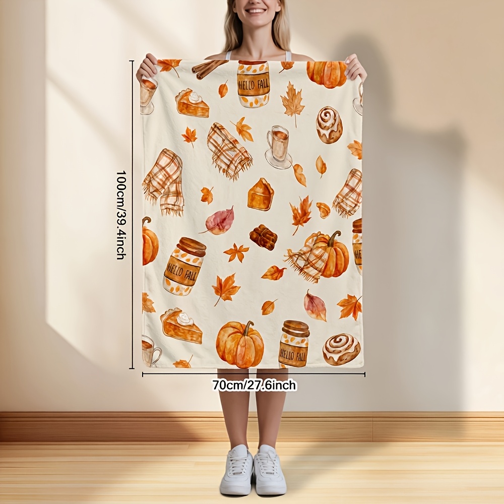 TEMU 1pc, Autumn Pumpkin And Maple Leaf Pattern Flannel Blanket, Soft And Comfortable, Single-sided Print, Suitable For Sofa And Camping And Office