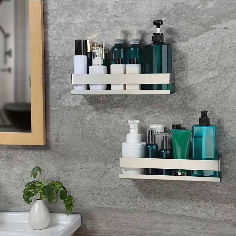 Image of 2pcs Anti Rust Stainless Steel Shower Rack - Non Drilling Adhesive Bathroom Storage Rack, Space Shower Rack For Apartment Essentials, Bathroom/kitchen Storage, And Rental Decor