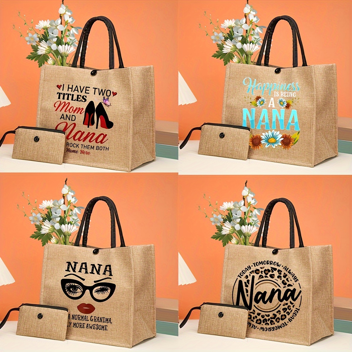 

2pcs Nana Letter Pattern Tote Bag Set, Lightweight Burlap Shopping Bag, Portable Travel Beach Bag With Makeup Bag, Gift For Grandmother