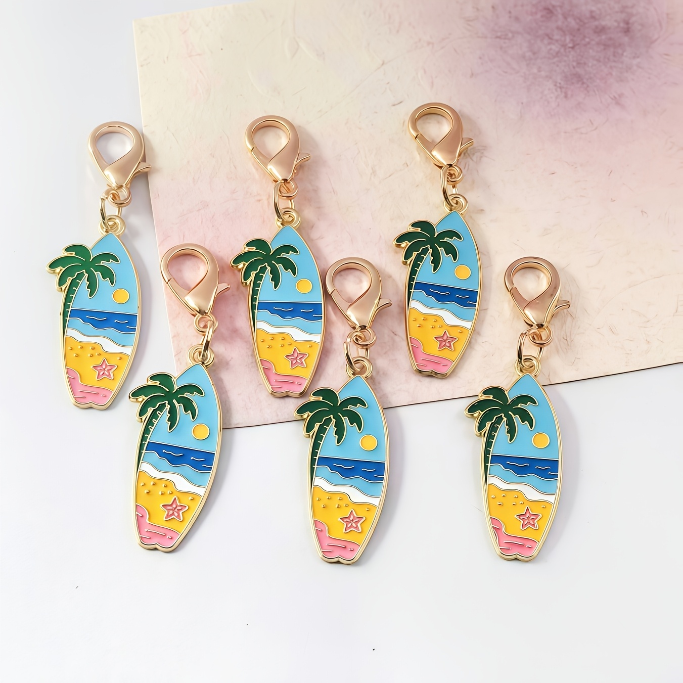TEMU 6pcs New Summer Surfboard Palm Tree Beach Enamel Keychains, Tropical Hawaiian Lobster Clasp Bag Charms Gift