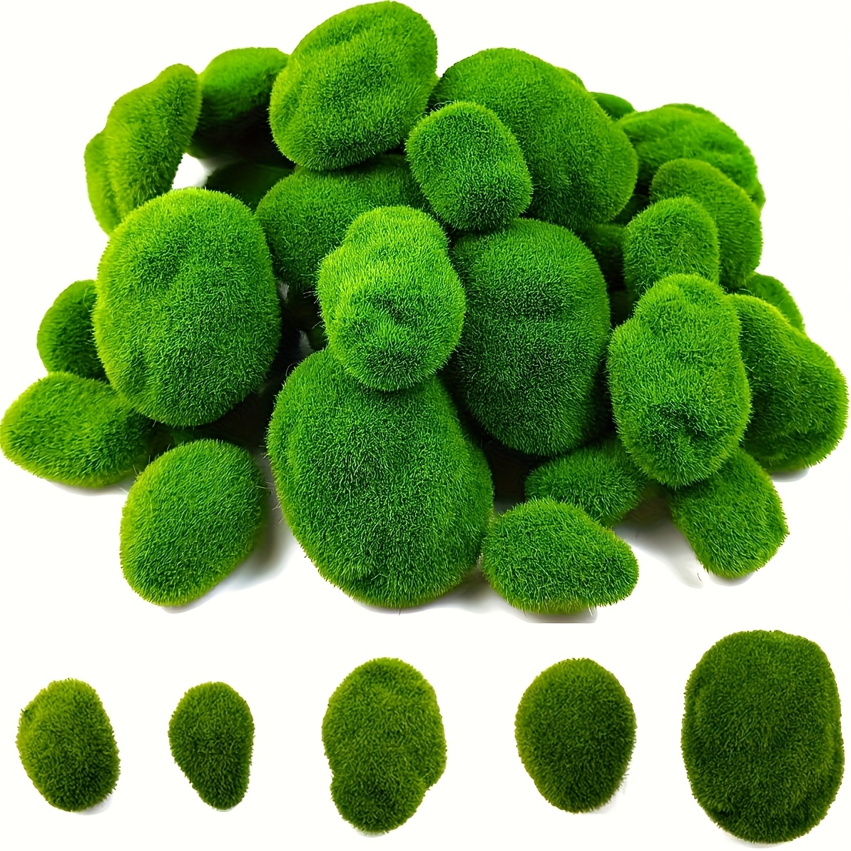 Image of 55pcs Of Artificial Moss Rock Decorations In 5 Different Sizes, Balls, Moss Stones, -covered Stones, For Floral Arrangements, Fairy Gardens, And Craft Projects With Faux Moss Decorations