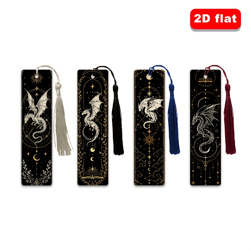 TEMU 4pcs Black And Dragon Print Pu Leather Bookmarks With Exquisite Tassels, Illustration-style Flat Print, Reading Stationery For Students And
