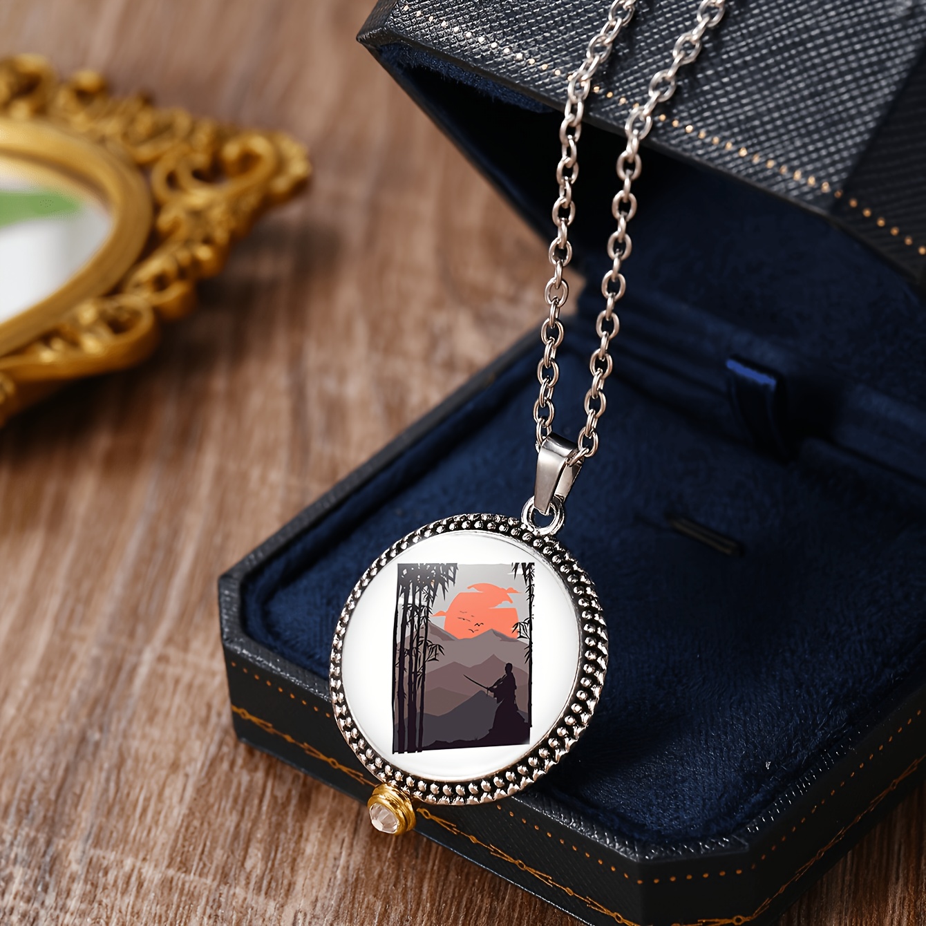 3pc Sunset Mountain Range Samurai Necklace & Earrings Set