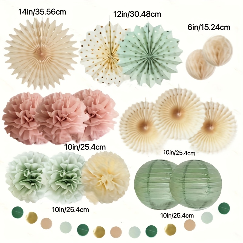 TEMU 17pcs Sage Green And Decorations, Including Sage Green Party Decorations, Sage Pink Cream-colored Paper Balls, Paper Fans, Polka Dot Wreaths,