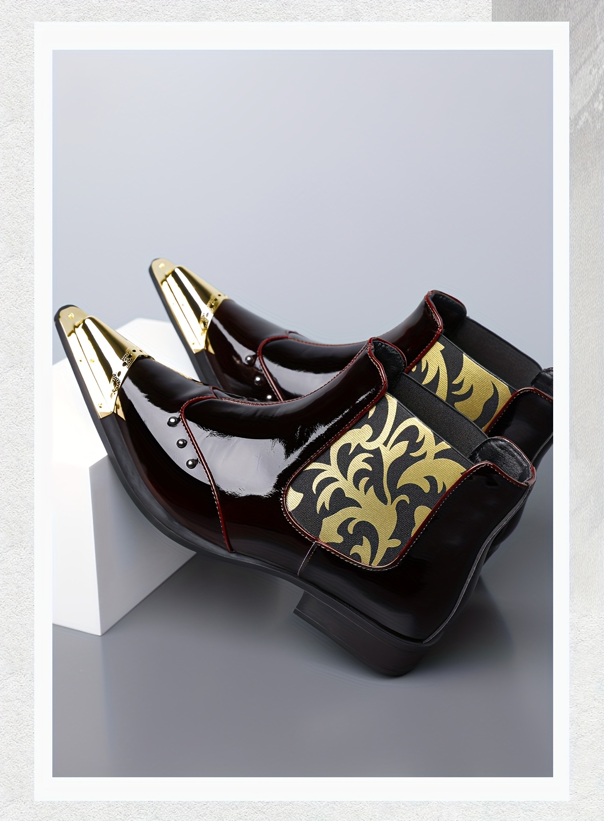 QRLQRL Men's Glossy Black/Golden Cloud Pattern PU Short Boots - Elastic Closure Slip-On/Lace-Like Buckle, Golden-Tipped Toe & Heel, All-Season Dress Boots for Casual & Formal Wear (Shoe Maintenance-Free)