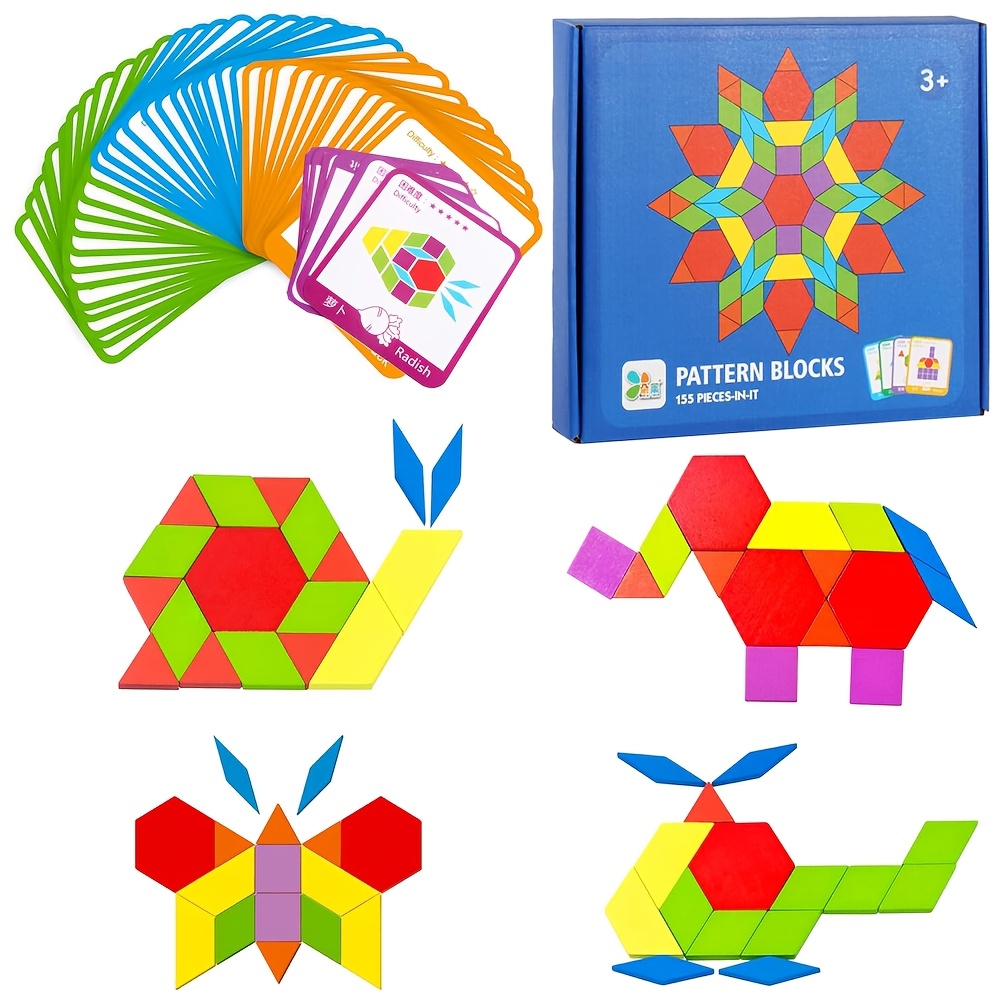 155 piezas de bloques de patrones de madera Set Rompecabezas de Para juguetes educativos Tangram para ninos con 24 tarjetas Juguete