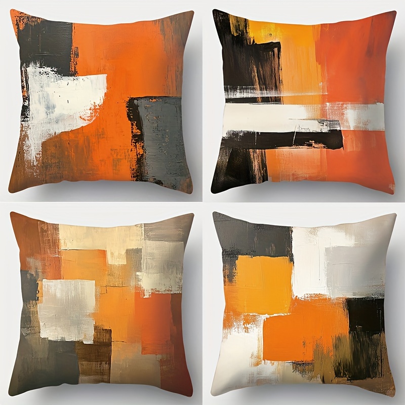 

4 housses de coussin de style contemporain, orange, , blanc imprimé, polyester , taies d'oreiller zippées pour la décoration du salon, lavage à uniquement