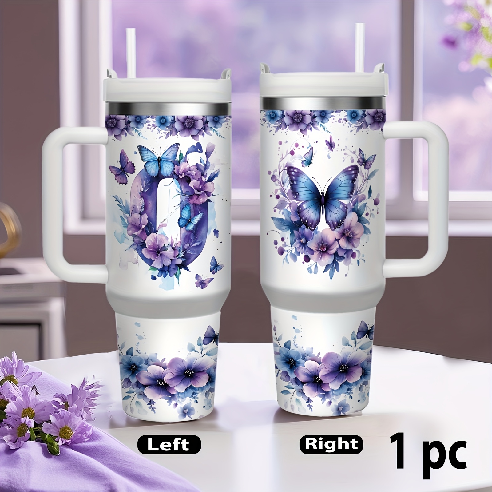 TEMU 1pc Of /16 Oz Stainless Steel Insulated Mug Featuring A Lid And Straw Handle, Part Of Series With Floral Letters. This Reusable Mug Is Perfect For Iced Coffee, Juice, And Milk