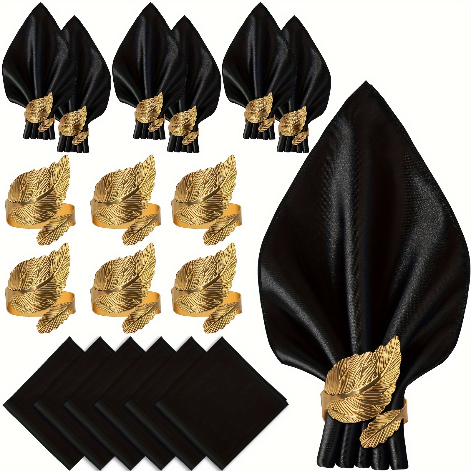 6pcs black cloth napkins 6pcs golden napkin rings set Temu