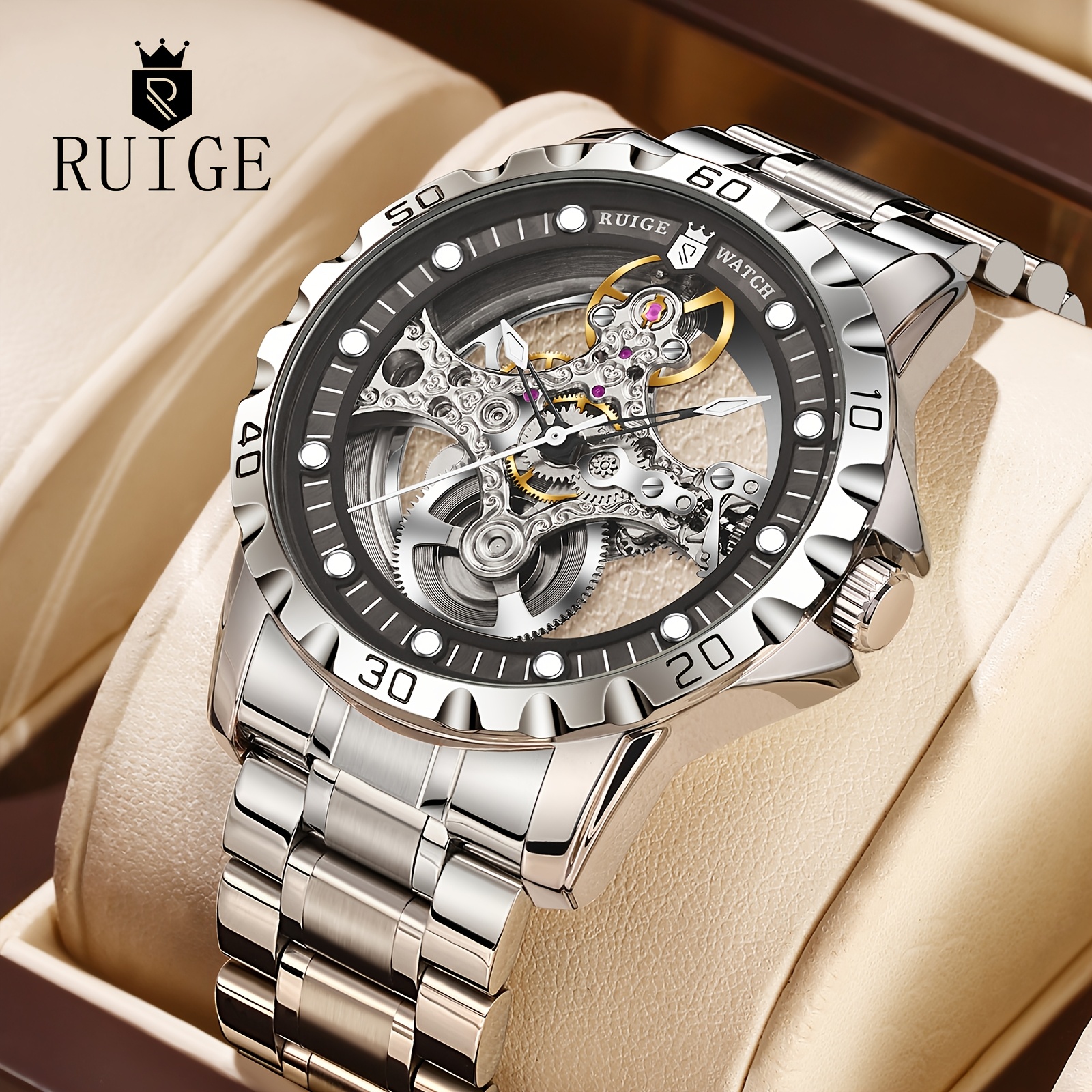 Image of Ruige Men's Fashion Automatic Mechanical Watch, Hollowed-out Movement, Luxury Large Dial, Stainless Steel Strap, Wristwatch, Perfect Gift For Men, Without Battery