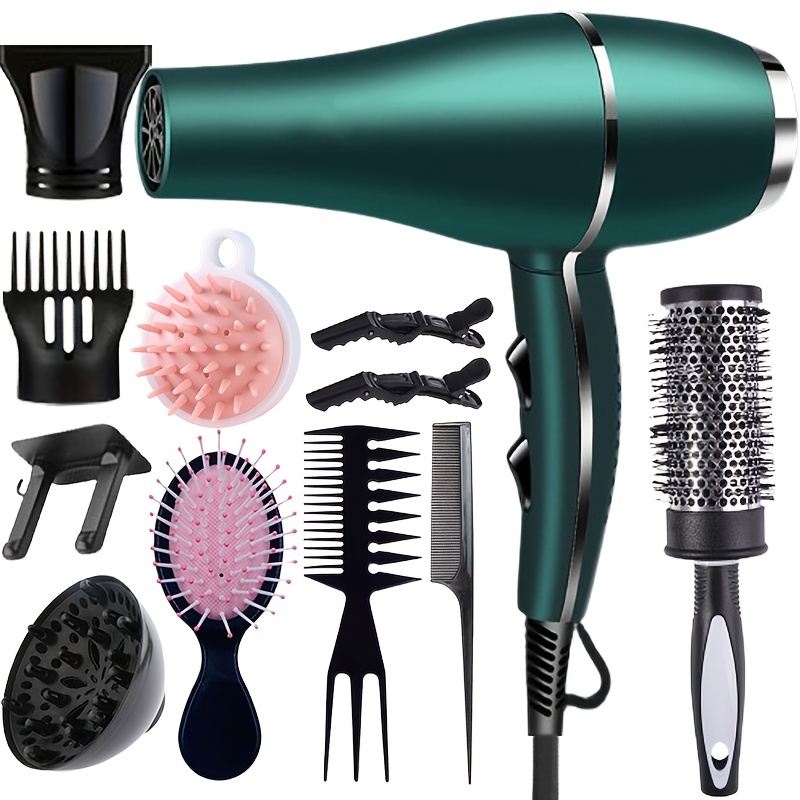 Image of Morfone 12pcs Green Styling Hairdryer, 1600 Watt Powerful Hairdryer For Home Hairdressing Salons, Plug-in Model With Additions Like Curling Irons And Nozzle Collectors, Suitable For Home Use/gift