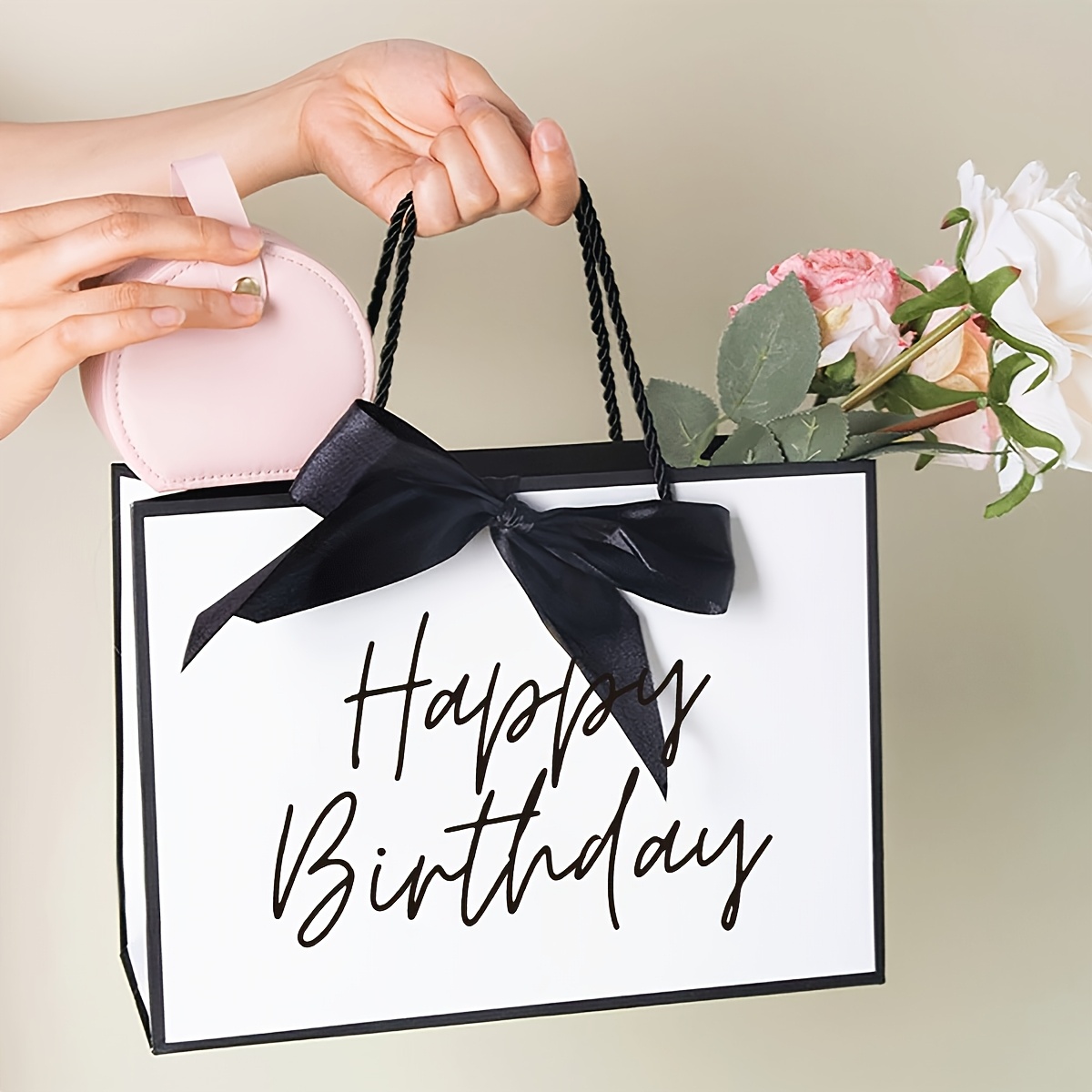 Image of Gift For Her/him 1 Happy Birthday Gift Bag, Featuring A Paper Letter Print Design, Lightweight And Foldable For Easy Shopping, Perfect For , Sisters, Mothers, And Grandmothers, In A Black And Scheme