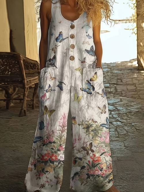item picture womens casual floral print sleeveless round neck wide leg jumpsuit with pockets print jumpsuit