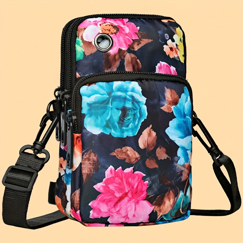 

Floral Crossbody Cell Phone Purse For Women, Mini Multi-layer Shoulder Sling Bag With Wristlet, Casual Sports Armband With Random Zipper Direction