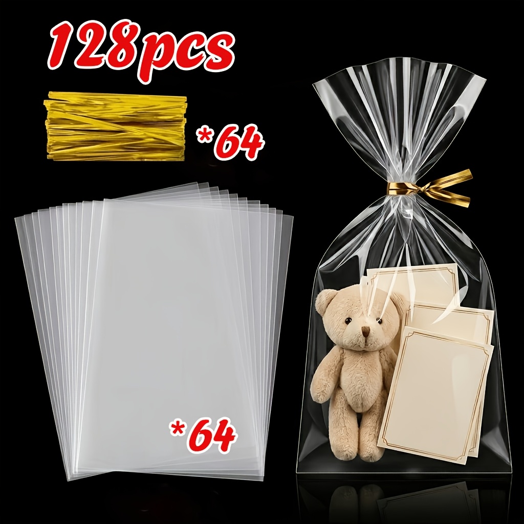 TEMU 128pcs Clear Cellophane Gift Bags, 64pcs Plastic Wrapping Bags With 64pcs Twisted Rope Wrapping Bags, Suitable For Party, Halloween, Christmas,