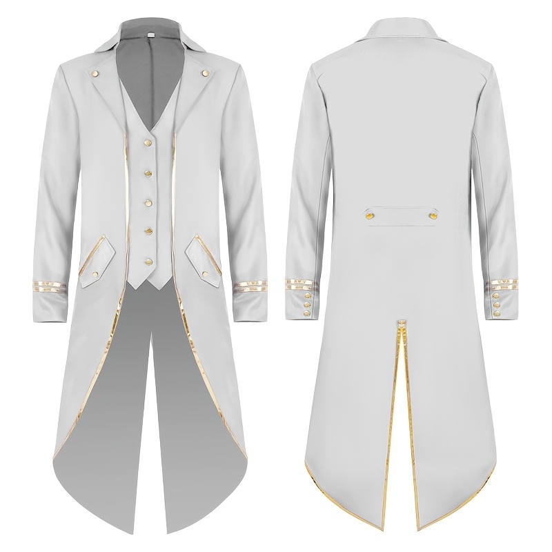 Vintage-Inspired Mid-Length Tuxedo Coat with Golden Trim - Black Retro Punk Style for Halloween, Stage Performances & Themed Events, Stage Performance Attire | Ornate Golden Detailing | Polyester Fiber Coat
