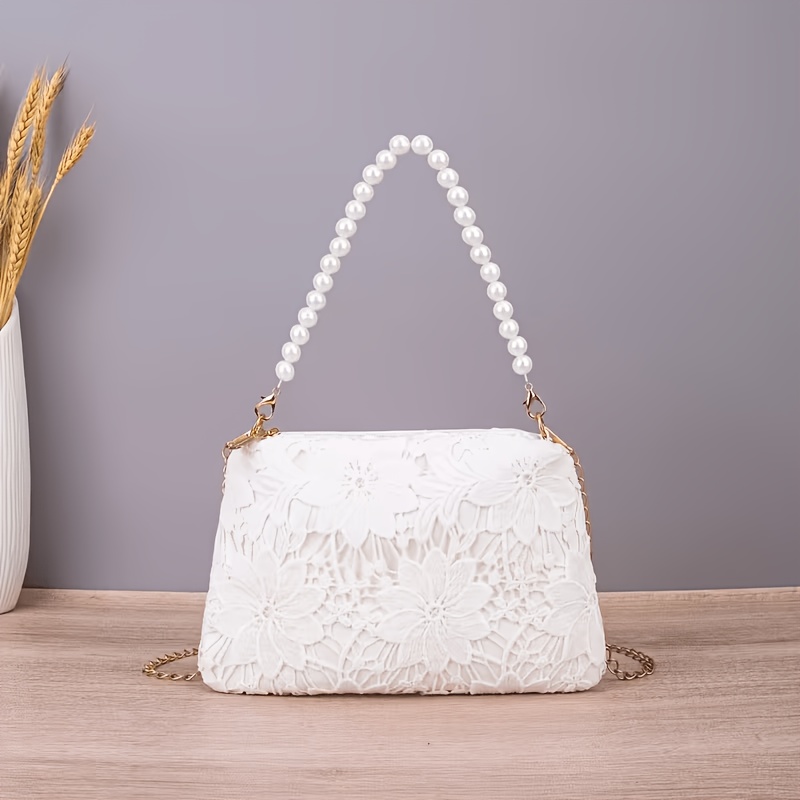 TEMU Women's Floral Lace Crossbody Bag, Elegant Evening Clutch, With Faux Pearls And Chain Strap, Vintage-inspired Handbag, Suitable For Weddings,