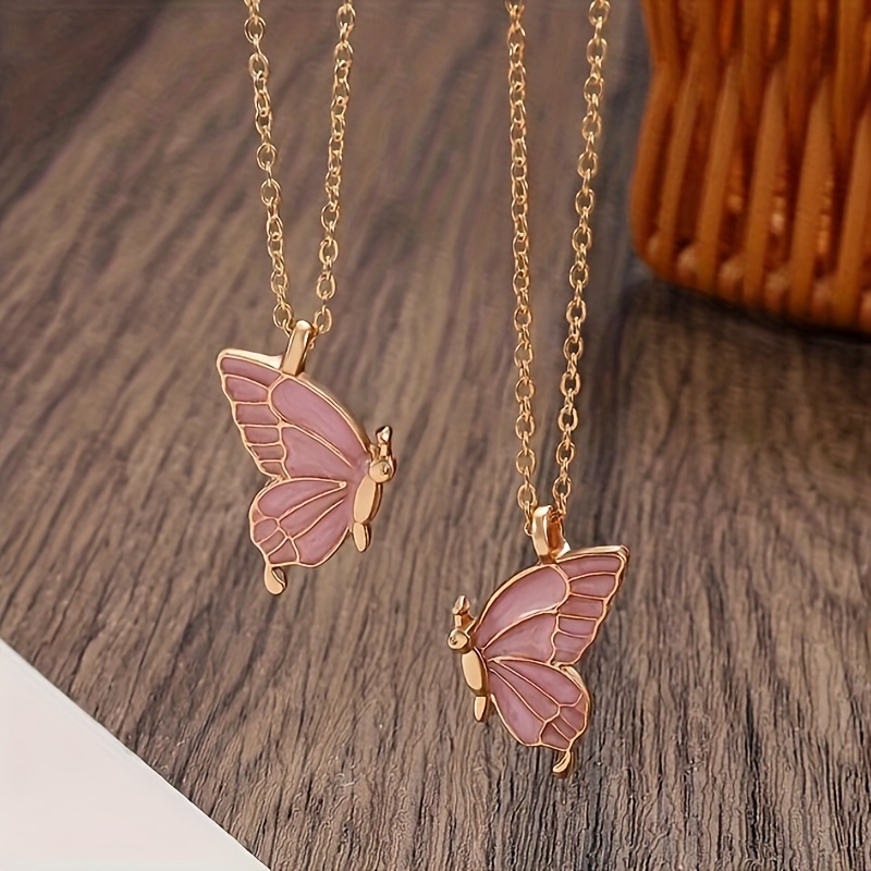 

2pc Pink Color Butterfly Pendant Necklace Adjustable Zinc Alloy Neck Chain Jewelry For Couples