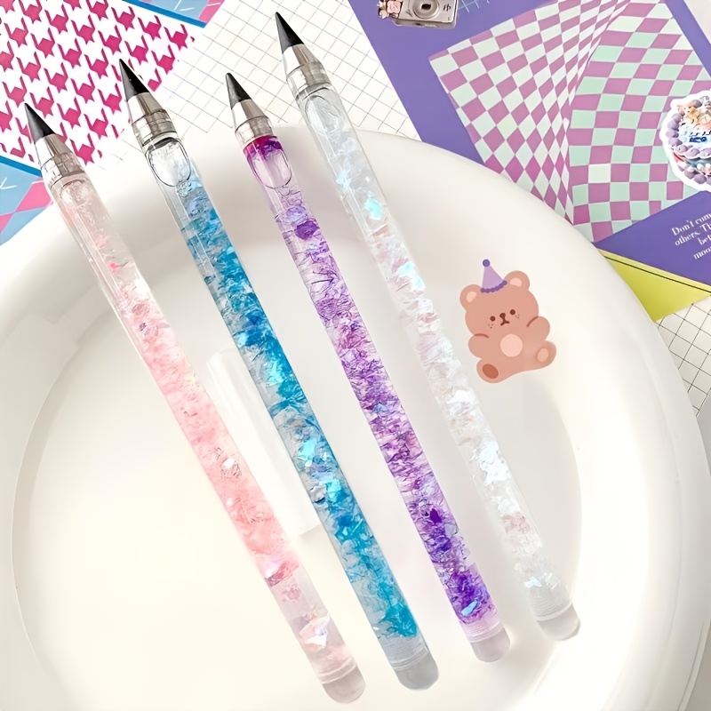 TEMU 4pcs Multicolor Flowing Sand Pencils, Unsharpened Eternal Hb Pencils, Mixed Color Painting Pencils, Durable Creative Sketch Pens, Not Easy To