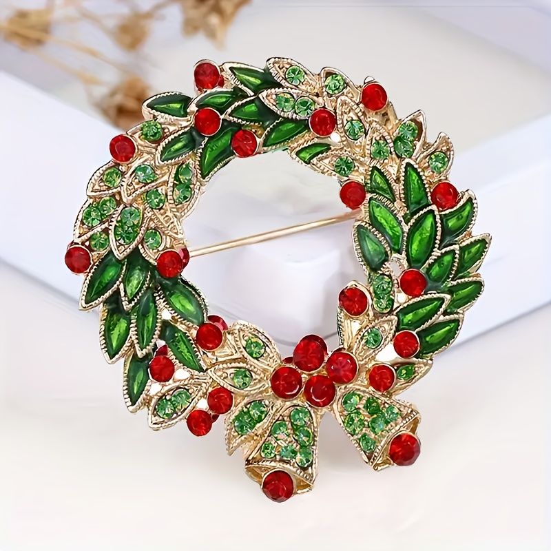 

Boho Luxury Christmas Wreath Brooch Pin - Zinc Alloy Metal With Rhinestones Accents, December Birthstone, Festive Holiday Accessory For Daily And Special Celebrations, Analog Stone Creation