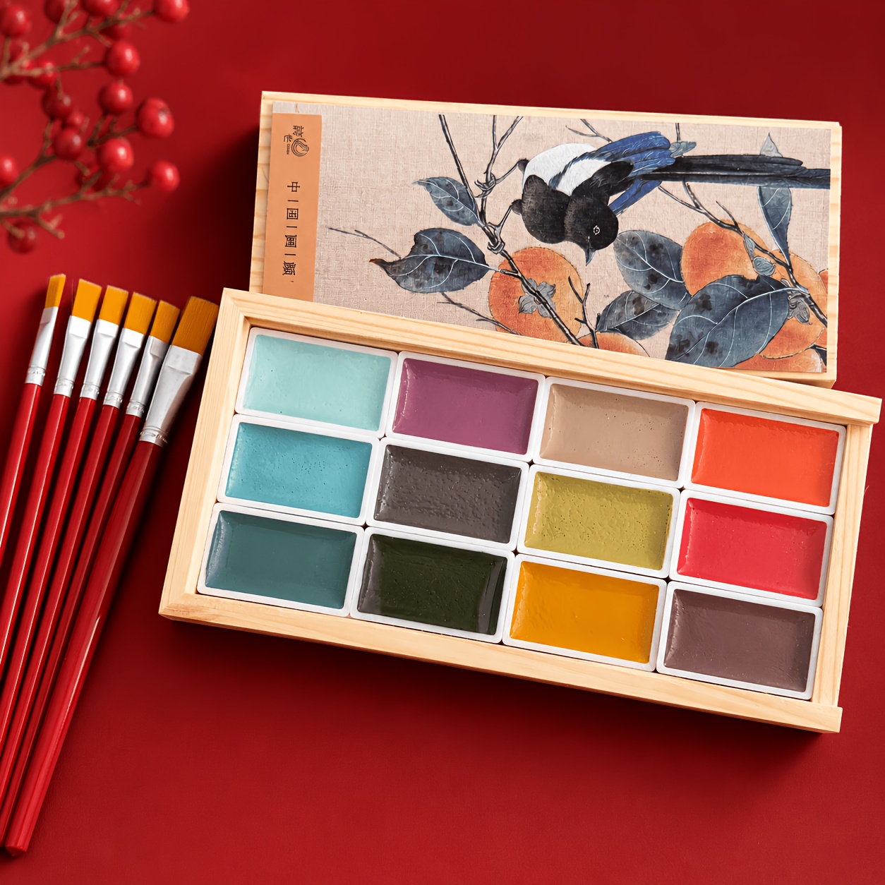 TEMU 12-color Large-capacity Solid Watercolor Paint Set With 6 Brushes, Portable Watercolor Painting Set In Wooden Box, 7.2ml Large-capacity Paint