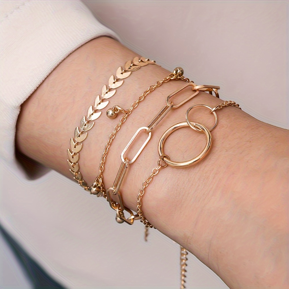 

4pcs Vintage Leaf Pendant Hand Chain Bracelet Set For Women - Hip Hop Style Jewelry