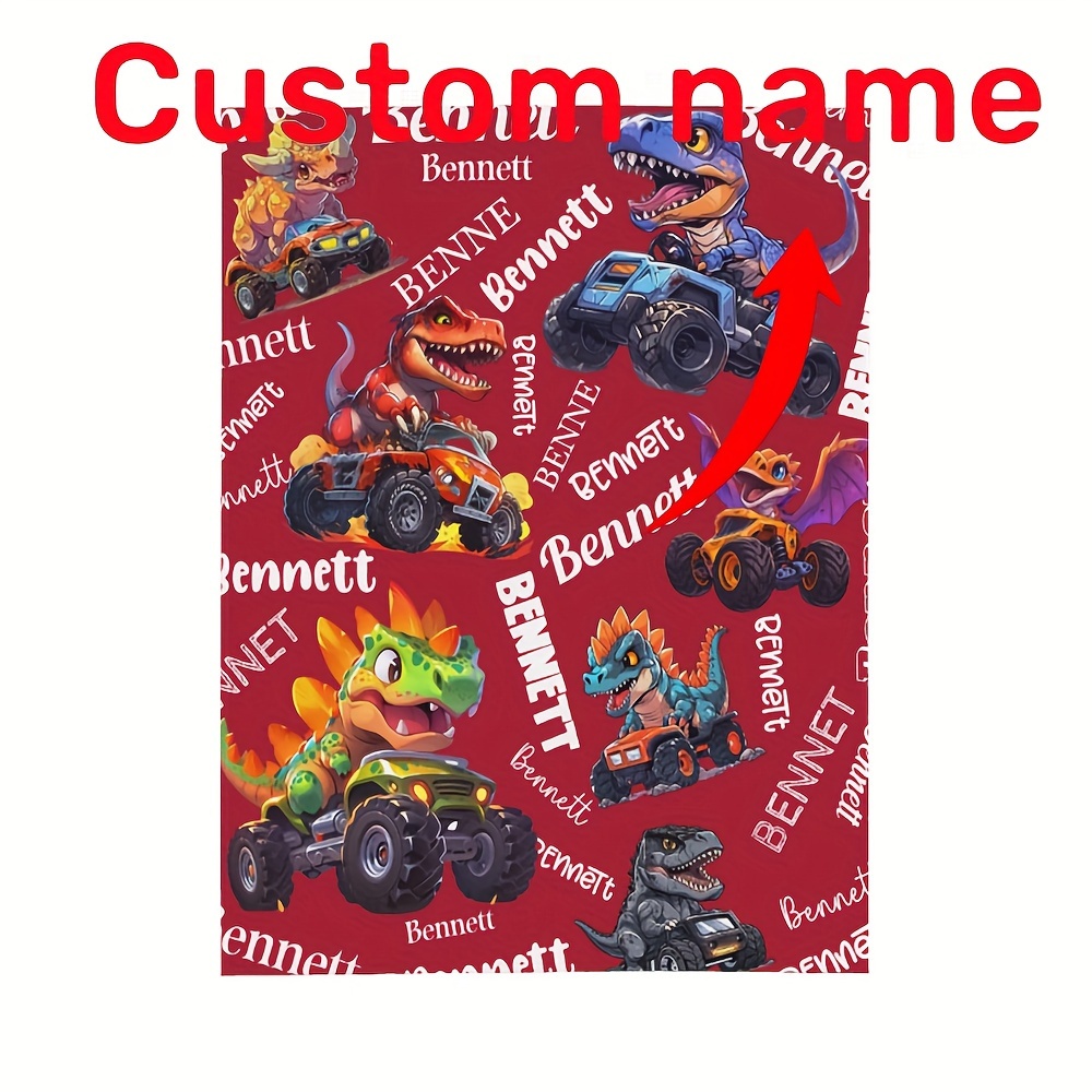 TEMU Custom Dinosaur Truck Name Blanket - Flannel, Sofa, Bed, Travel, Camping - Machine Washable, Gift For