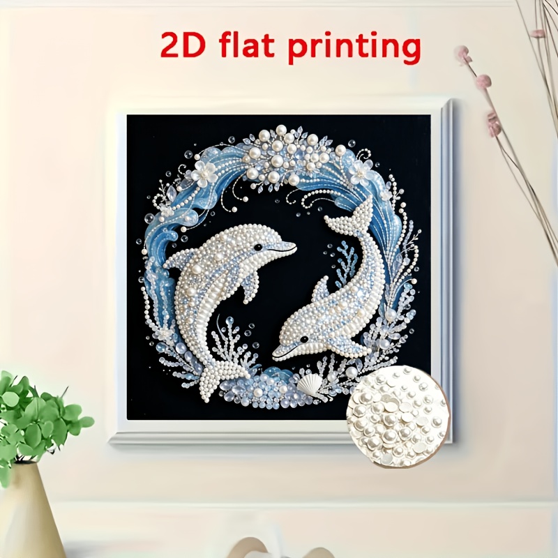 TEMU 2d Flat Printing 1pc Diy Pearl Painting With Irregular Shaped Rhinestones, Dolphin Frameless Painting, Includes Full Set Of Handmade Materials,