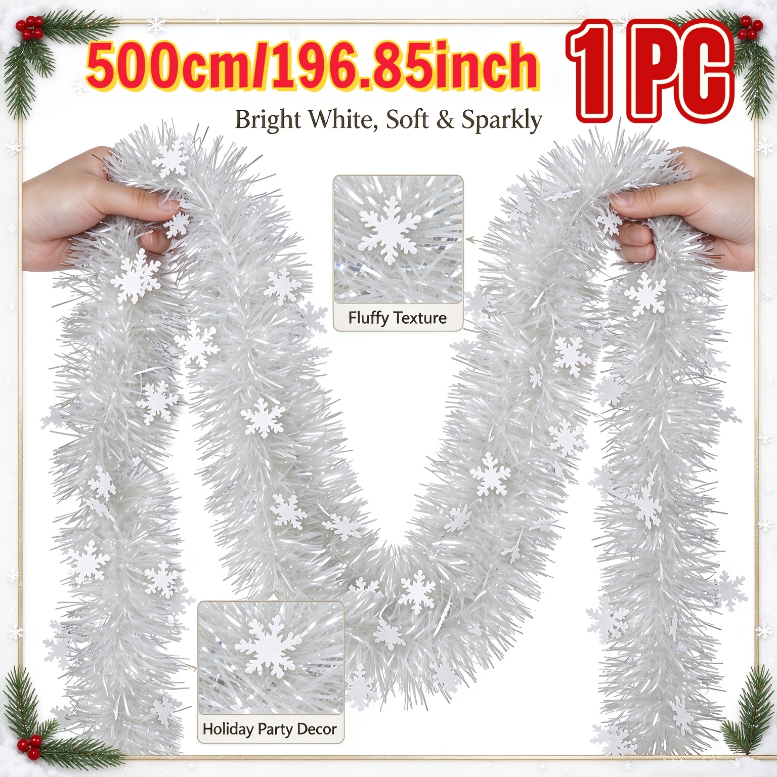 TEMU Longueur Totale 5 Mètres/196.85 Pouces, 1pc de Neige Décoratif de Noël à Suspendre - Ruban Décoratif Blanc Éclatant, Décoration en Feuille