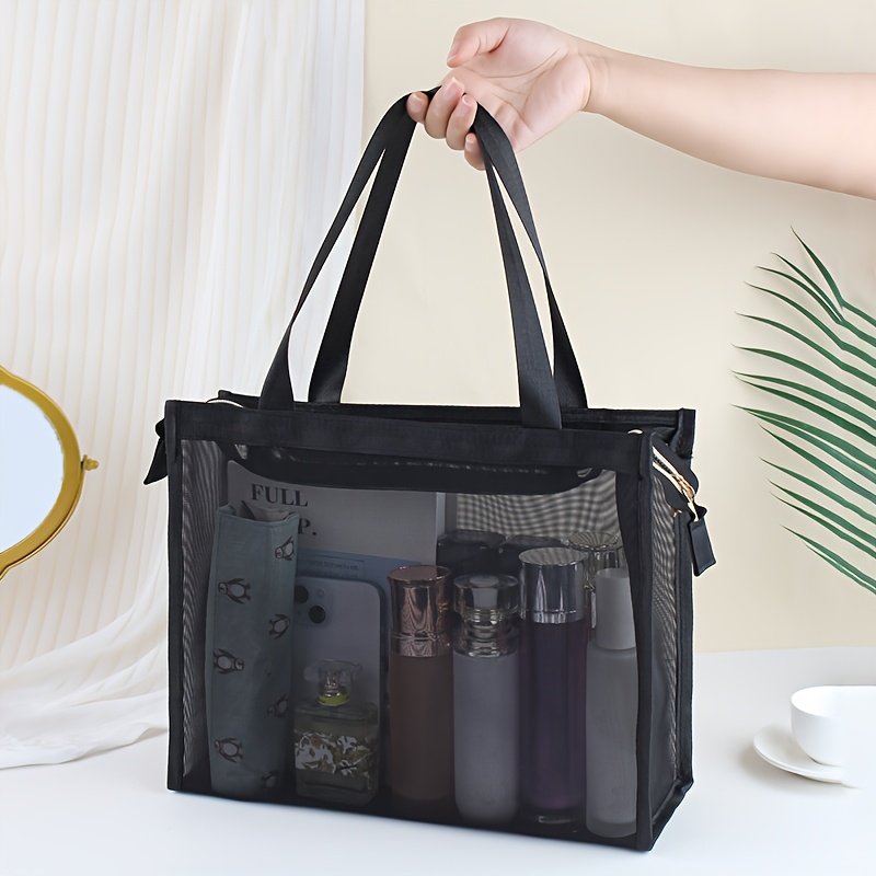   mesh cosmetic beach tote bag large capacity breathable travel organizer with multiple compartments durable unisex design for vacation daily use gym shopping shopping tote bag transparent organizer sturdy handle travel bag