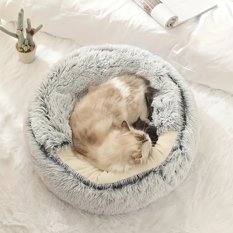 

Plush Round Pet Bed For Cats & Small Dogs - Cozy Semi-enclosed Nest, Light Blue With Cream Interior, Soft Polyester, Non-assemblable - Ideal For Medium/small/extra Small Breeds, Cat Furniture Bed