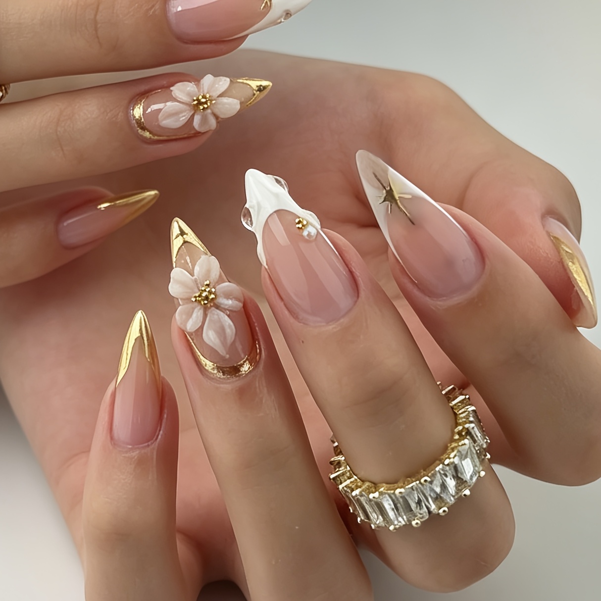 TEMU 24pcs Of Almond False Nails, White Edge French 3d Embossed Flowers, Silvery Edge Starlight Long Almond Wear Nails, Removable False Nails
