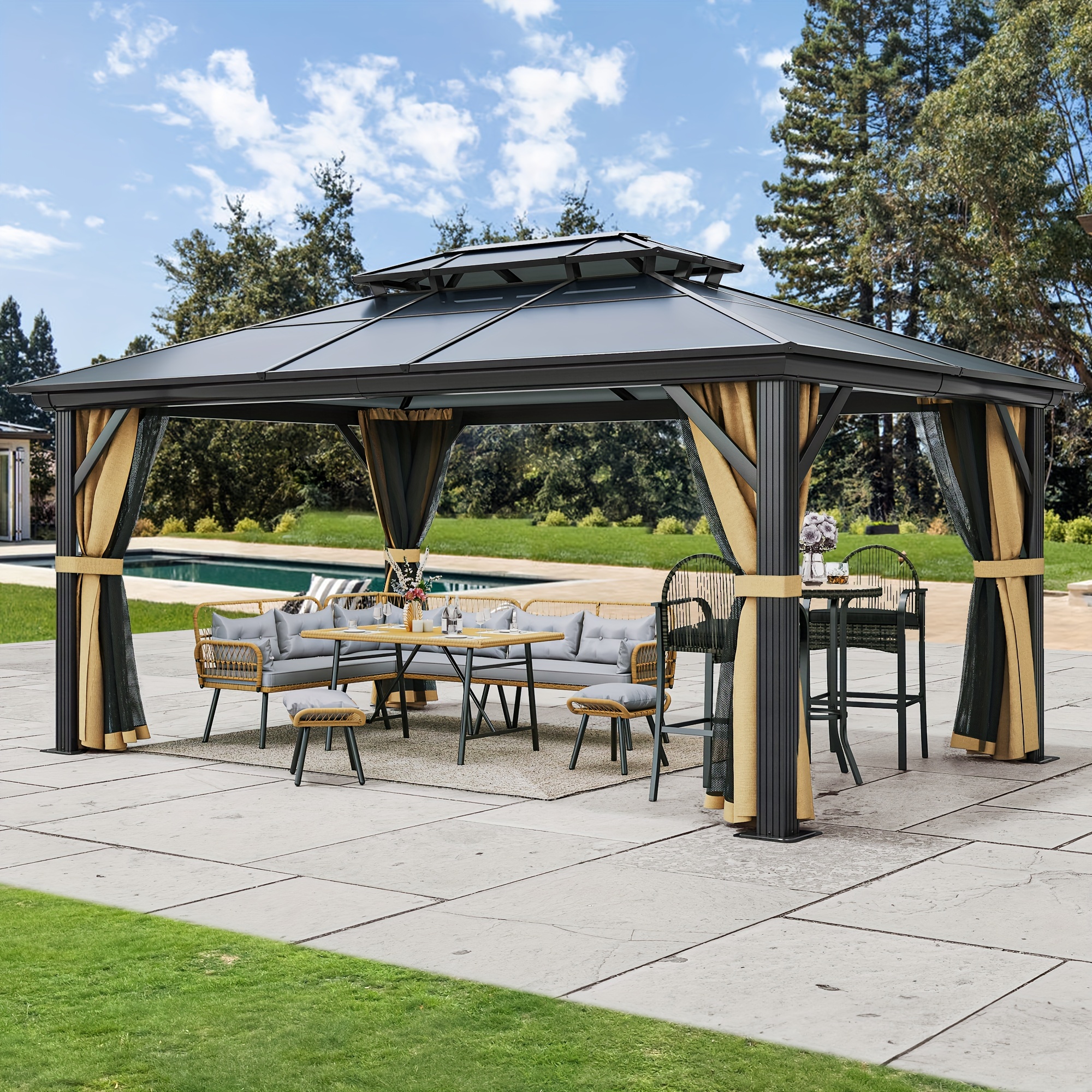 

Quoyad 12x16ft Gazebo Hard-top Double Roof Canopy Outdoor W/ Netting & Shaded Curtains