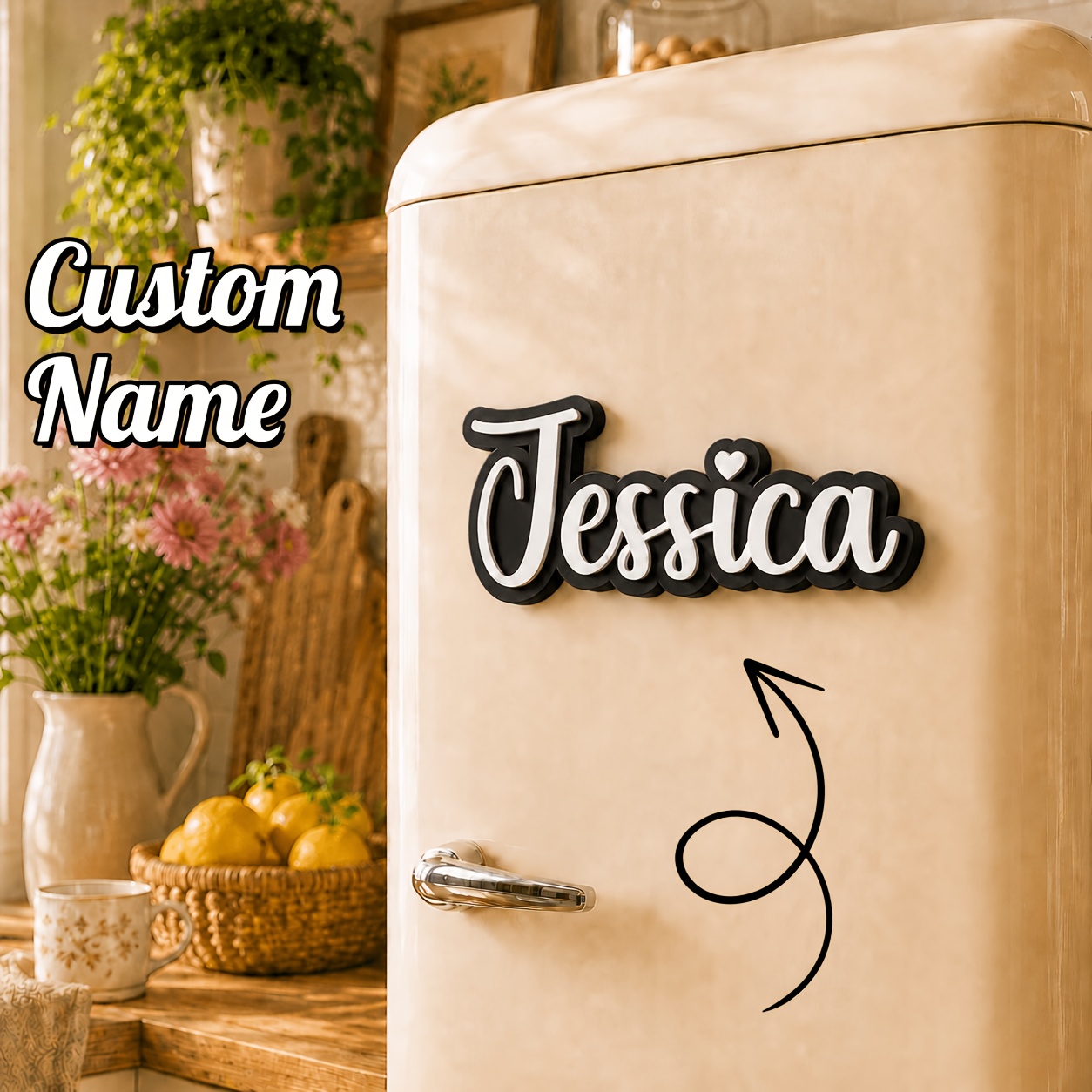 TEMU [custom] Personalized 3d Printed Name Refrigerator Sticker, In Multiple Colors, With Heart-shaped Embellishment Design And Magnetic Sticker,