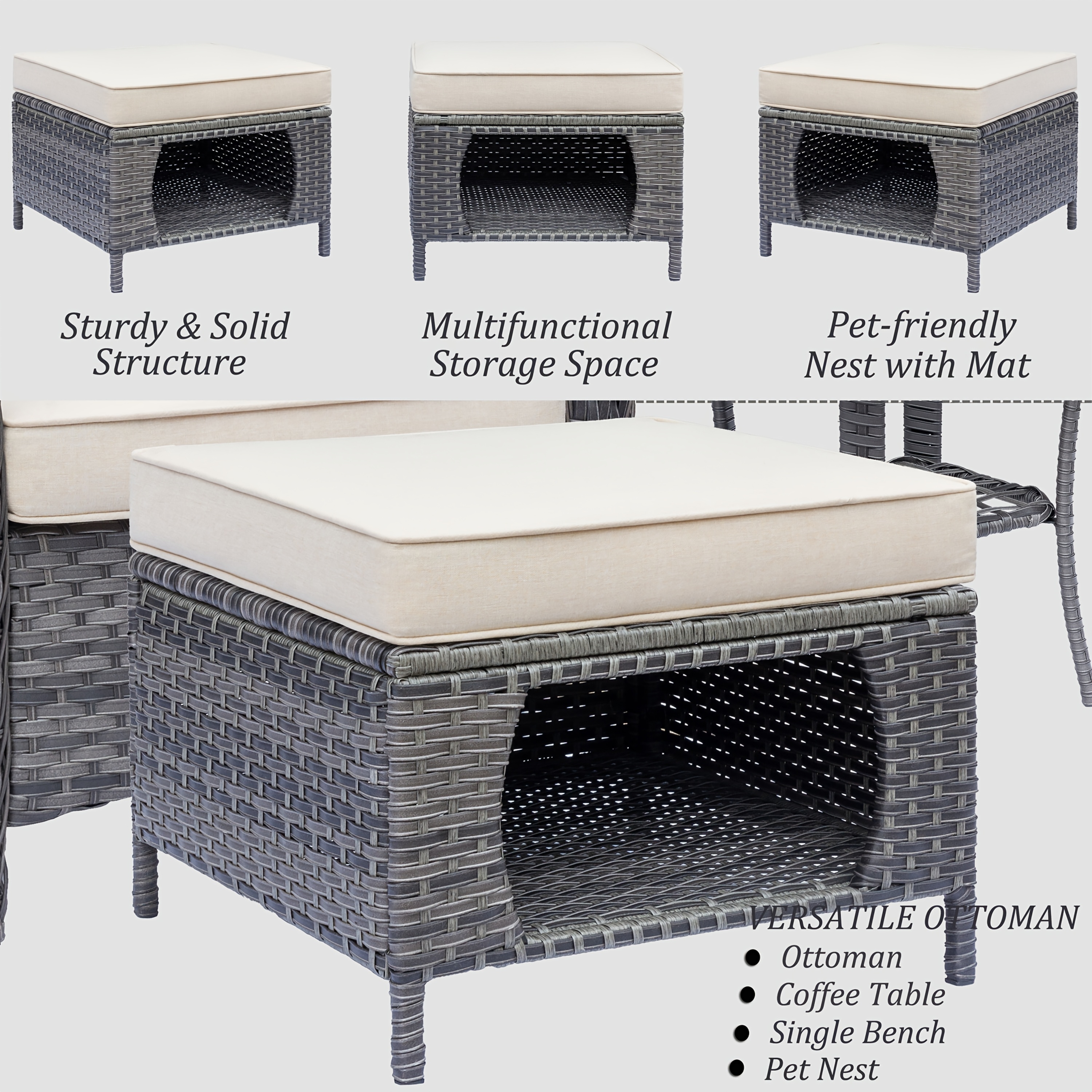 2pcs Royal Craft Outdoor Patio Furniture Set | Hand-Woven Pe Rattan Ottomans With 3.15 Inch Thick Cushions, All-Weather Material, Movable Cushions, Multifunctional Use, Gray Wicker With Beige/Denim Blue Cushions