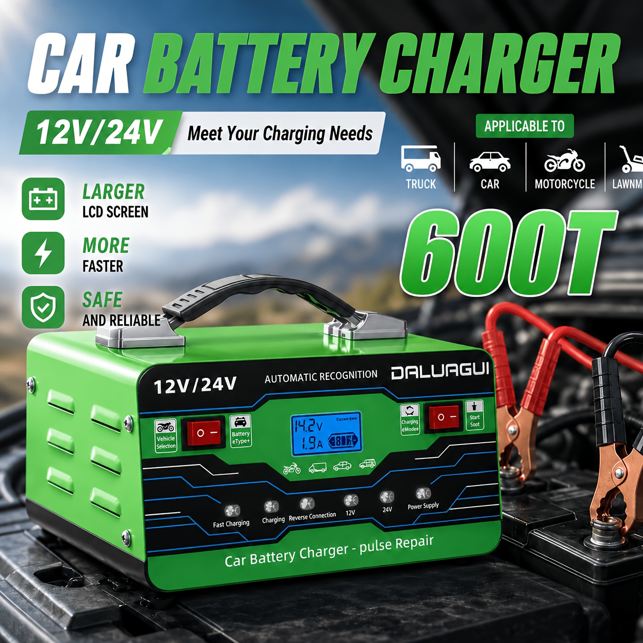 TEMU Automatic 12v/24v Lead-acid Battery Maintainer, Car Battery Trickle Charger Featuring Repair Function And Winter Mode, For Agm Gel Standard Deep Cycle Batteries