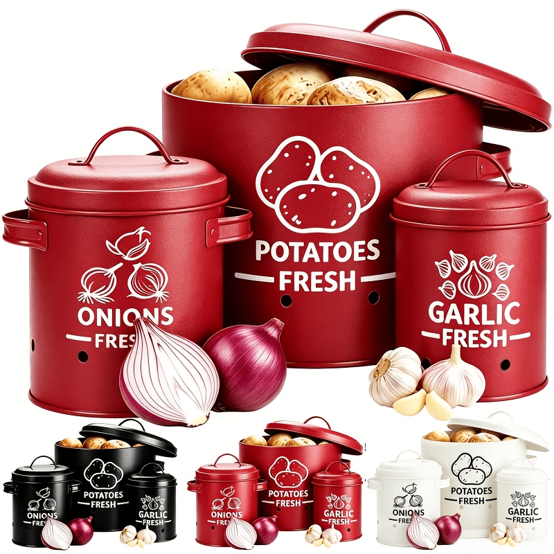 TEMU Kitchen Vegetable Storage Set Of 3, Potato Onion Garlic Storage Jar, Fruit Vegetable Storage Boxes, Metal Vegetable Fresh-keeper Container,