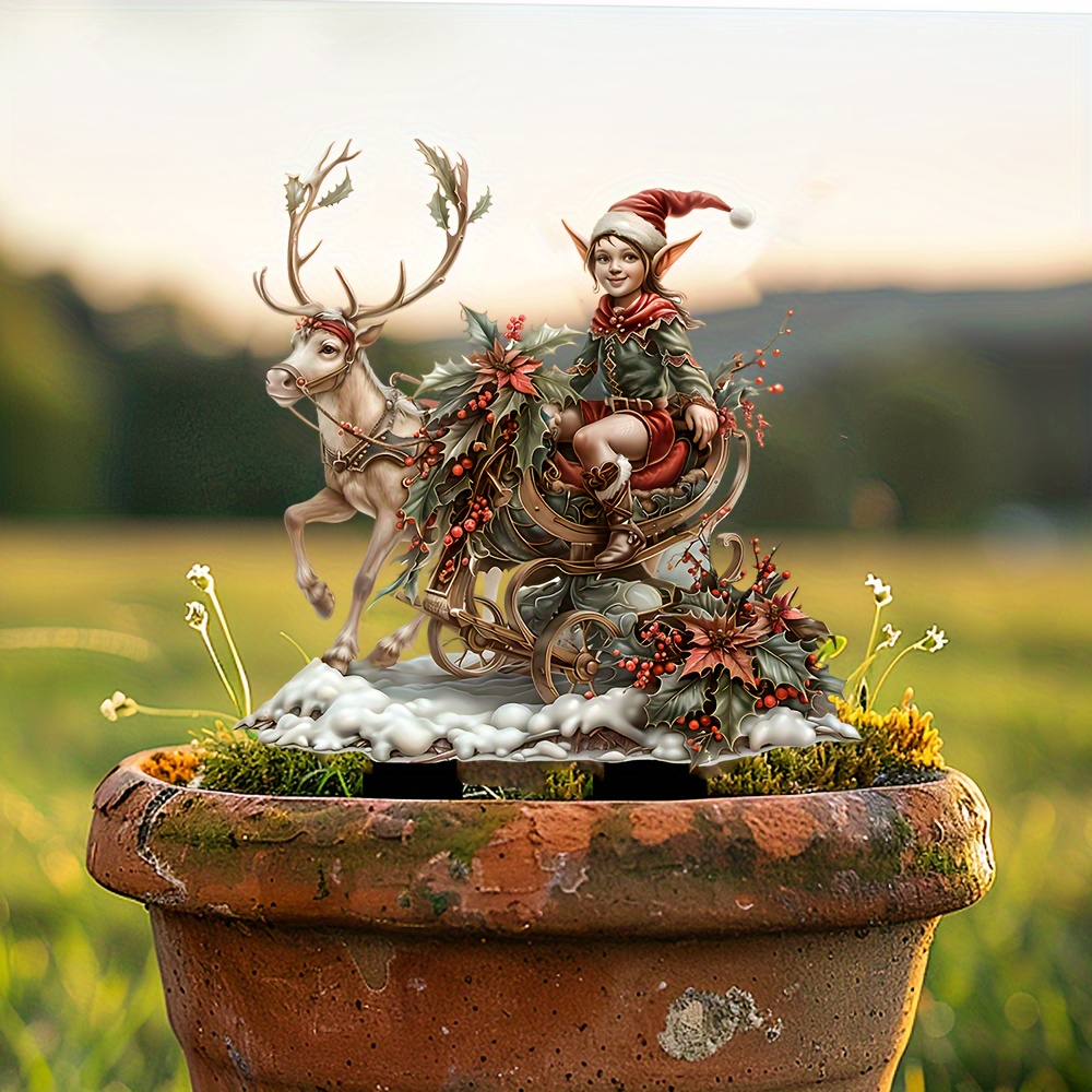 

Festive Christmas Elf Riding A Reindeer Sled Acrylic Garden Stake - 12" X 9.6" - Waterproof, Scratch & Chemical Resistant, No Burring Clean Cut Edges - Perfect For Pots And Landscapes