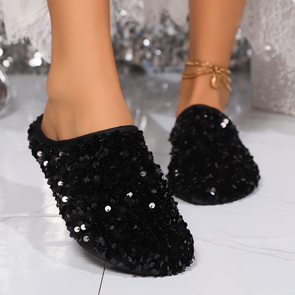 

[fabric Loafers] Women' Sequin Slip-on Loafers - Chic Black Flat Mules, Parties & Casual Wear, Comfortable Microfiber ,