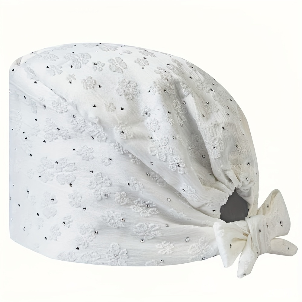 TEMU Gorro de trabajo para enfermeras con diseño de flores pequeñas y cuentas, sin visera. Tiene tejido absorbente interior y se puede ajustar en