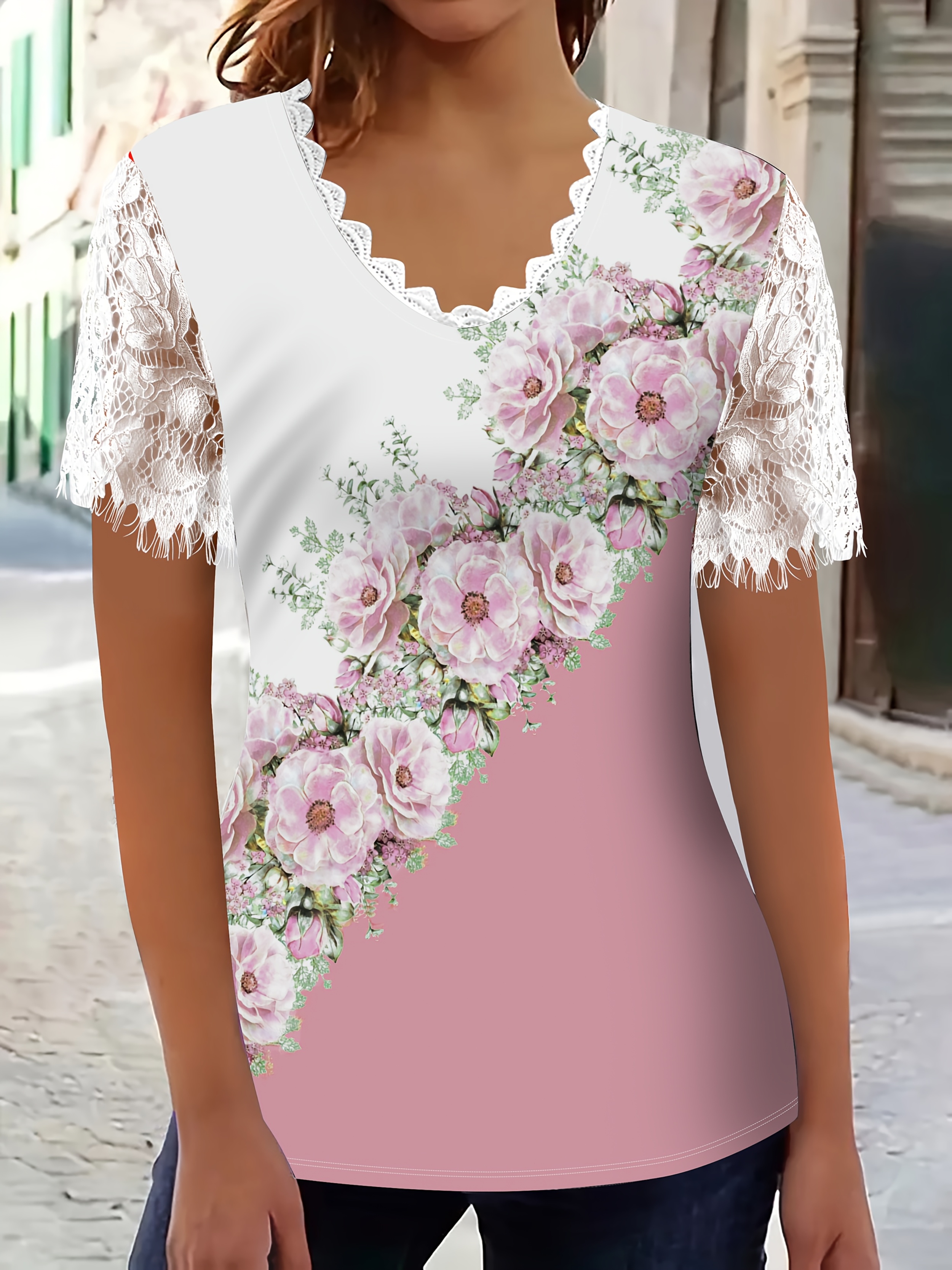 women's pink floral print short sleeve t shirt lace trim Temu