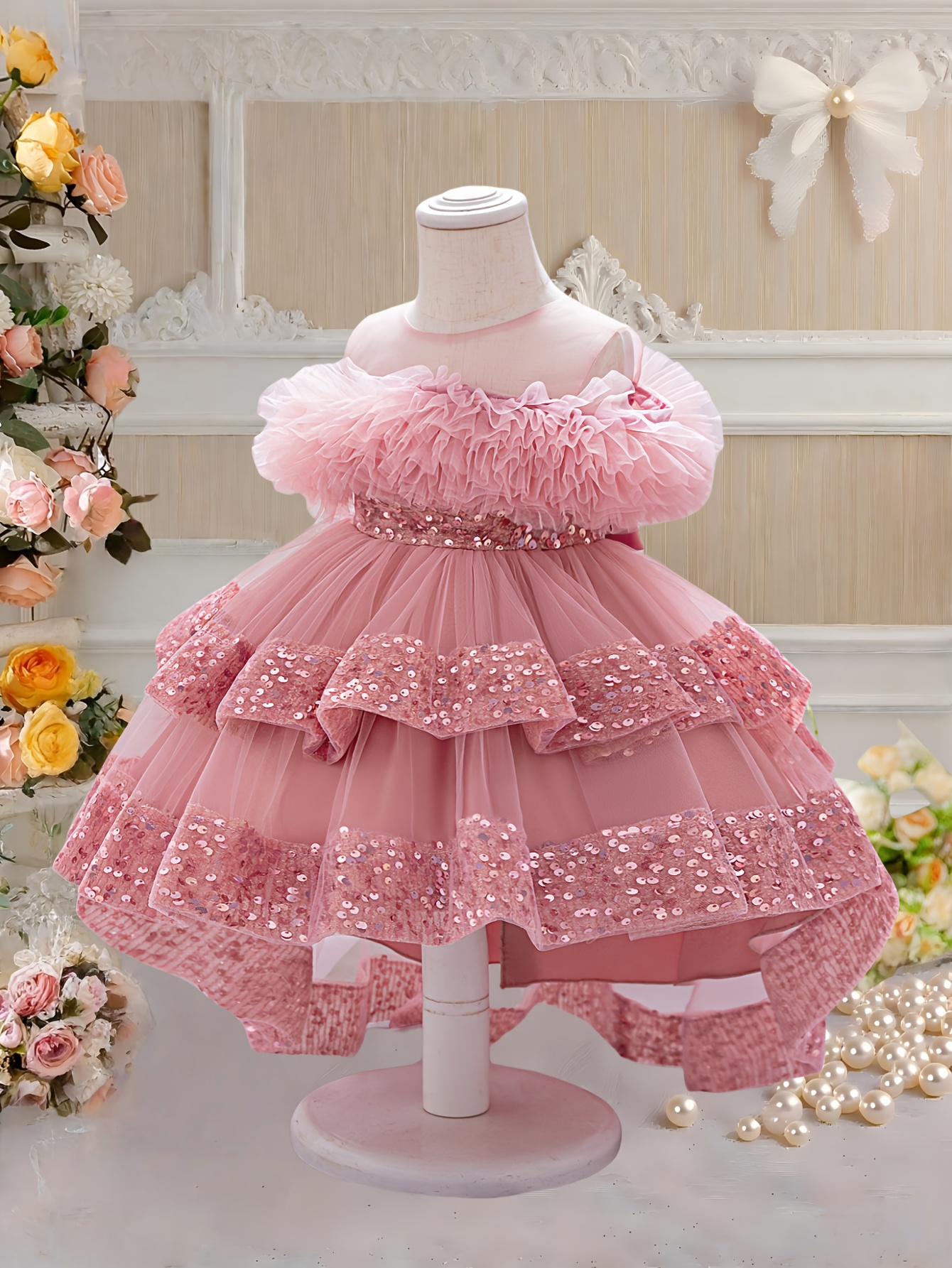 measuring front skirt girls pink sequin dress with multi layered ruffles and flower fairy Product details 2